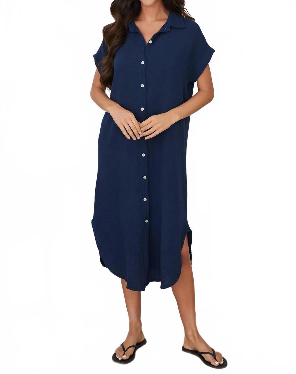 NEW MILIO MILANO gauze shirt sleeve button down long dress in navy